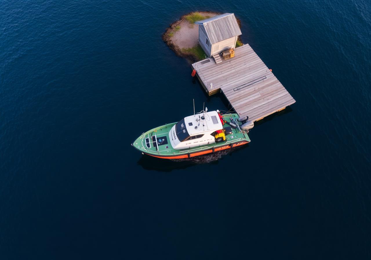 Servicebåt vid brygga i skärgården